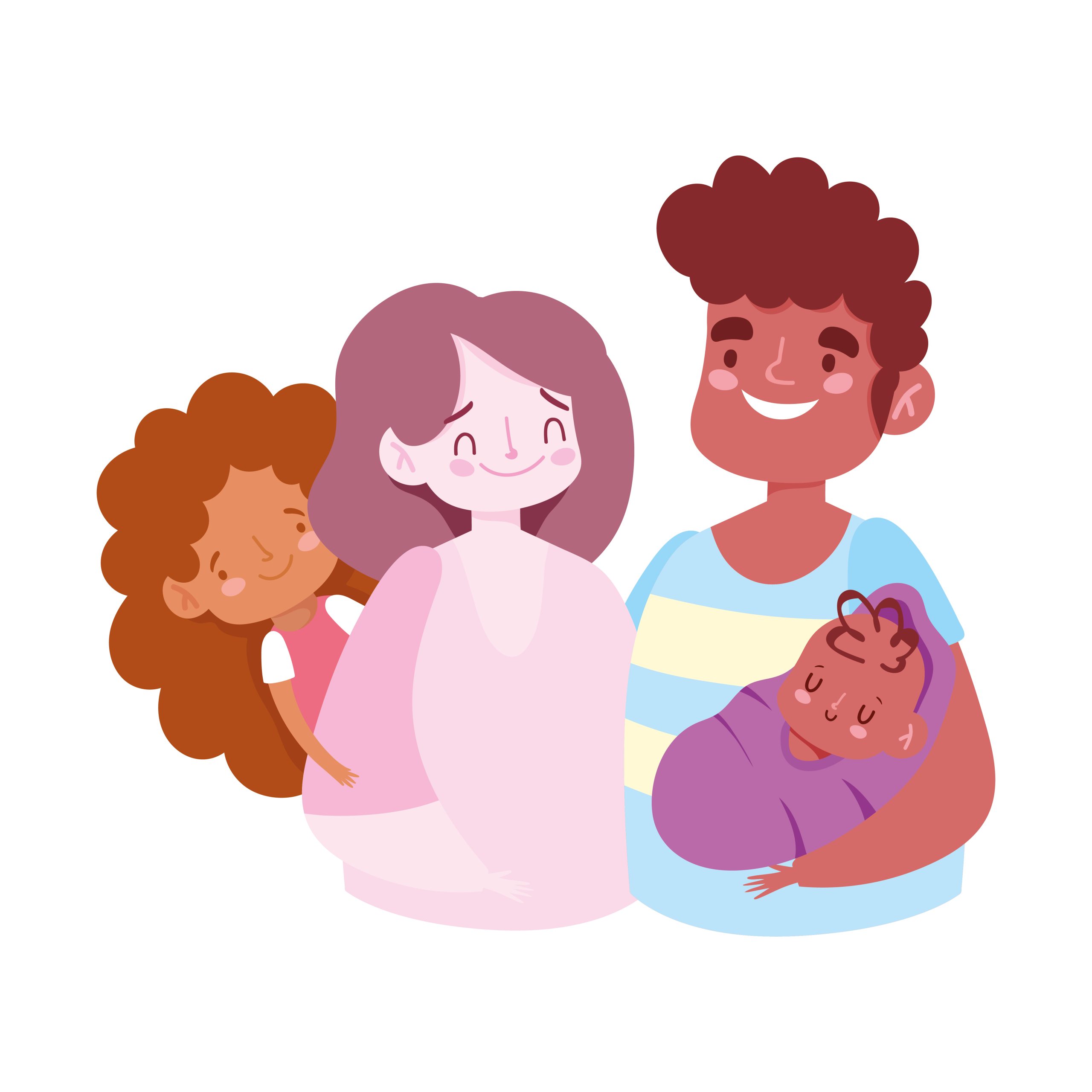 Ilustração de uma família com duas figuras parentais, uma criança e um bebé