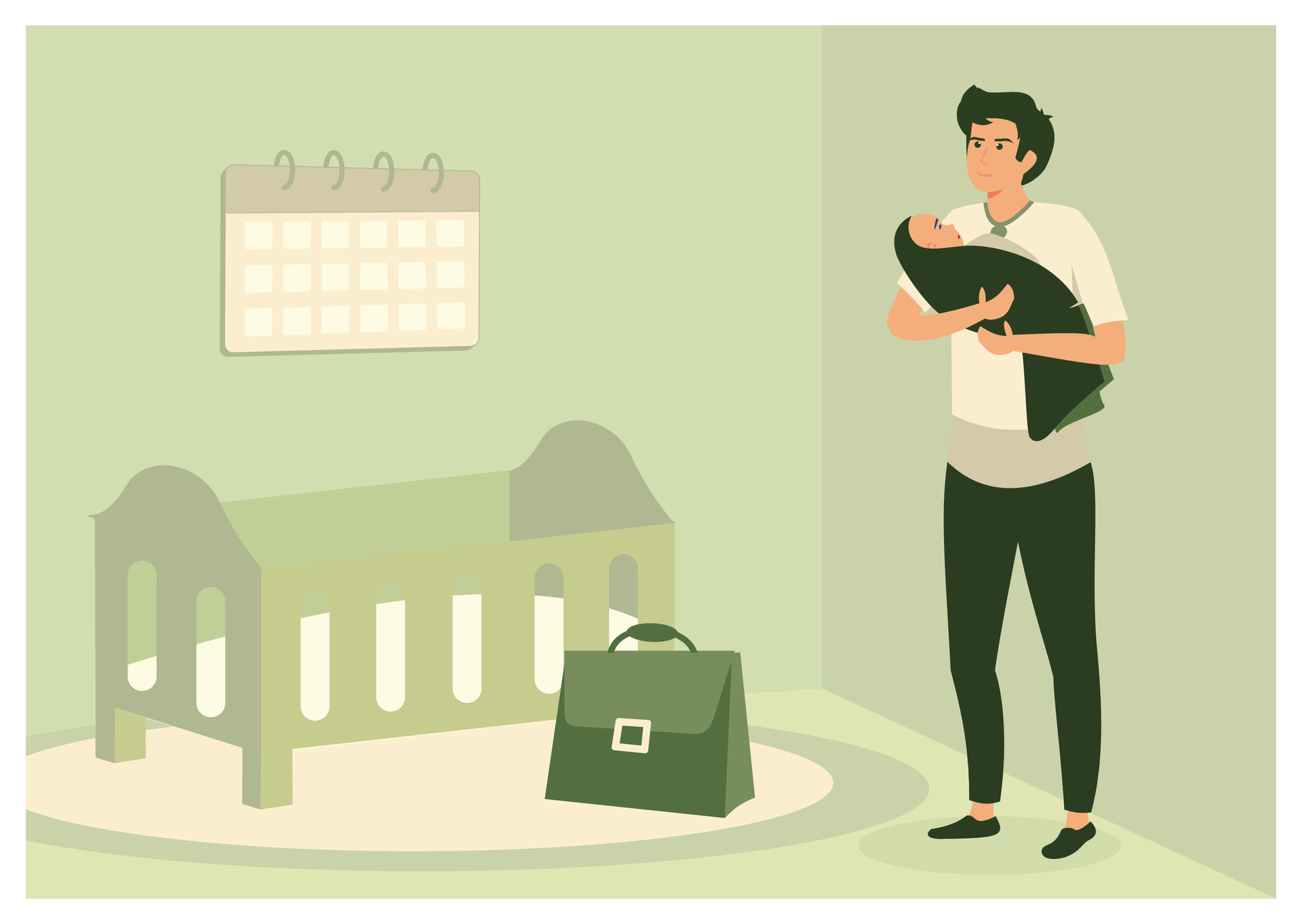 Pai a segurar um bebé junto de um berço durante a licença parental