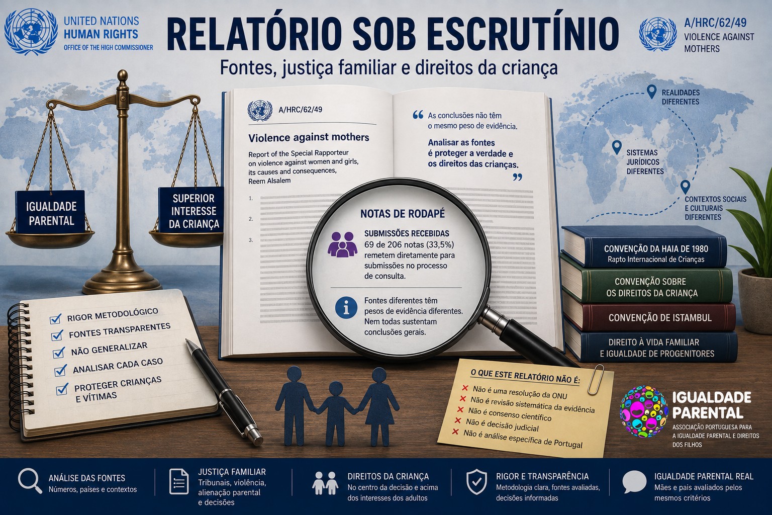 Infografia da APIPDF sobre o relatório A/HRC/62/49, destacando 69 de 206 notas baseadas em submissões e fragilidades metodológicas na justiça familiar.